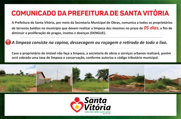 Prefeitura alerta proprietários sobre limpeza de terrenos baldios