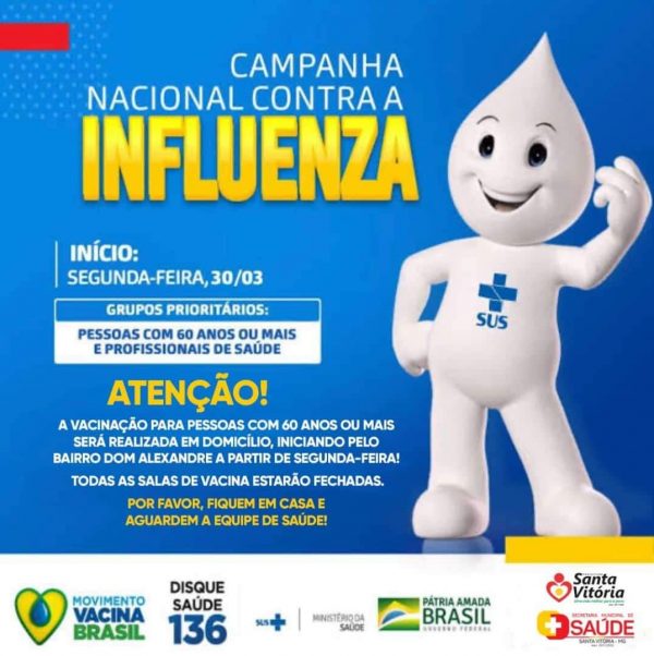 Idosos de Santa Vitória receberão vacina contra a gripe em casa a partir de segunda-feira